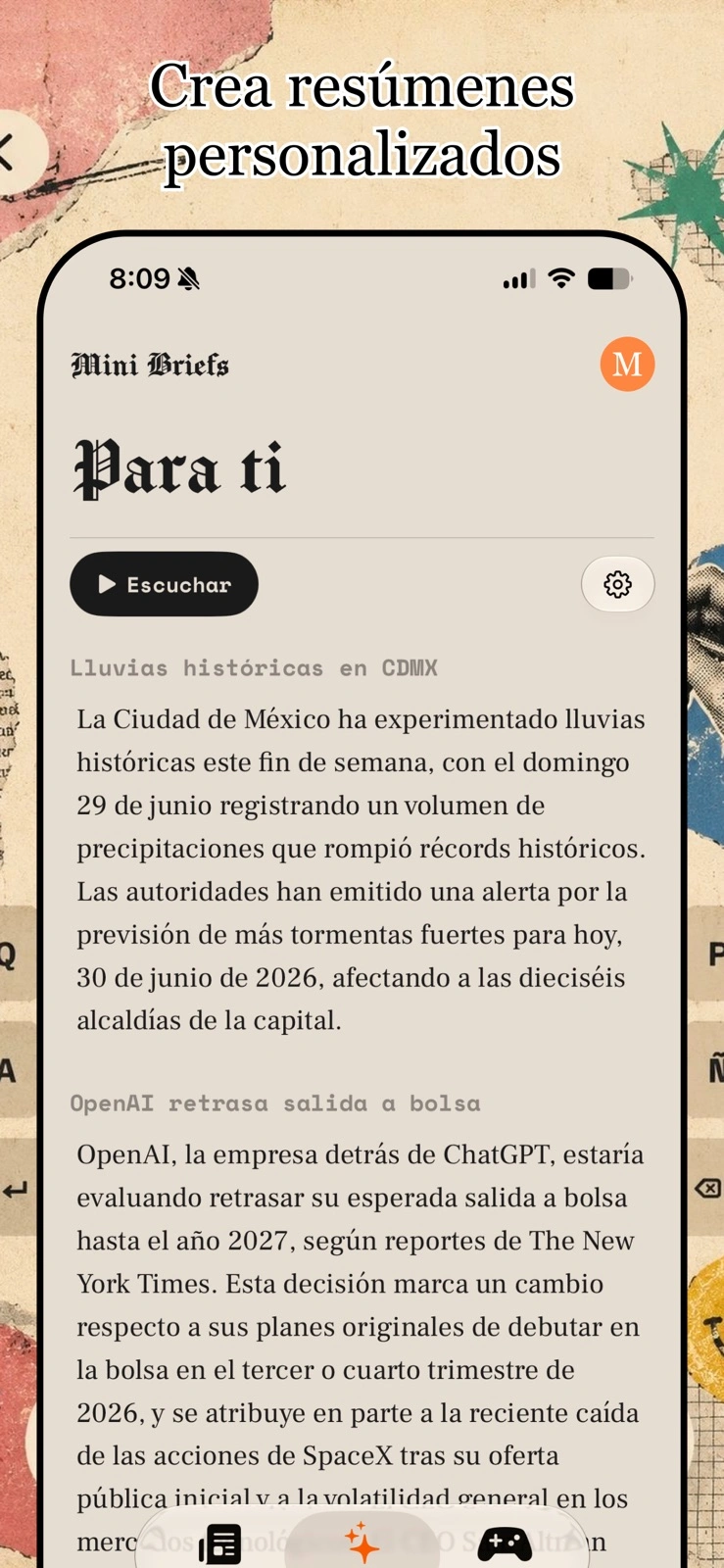 Mini Briefs published iOS preview: a personalized brief with a listening control