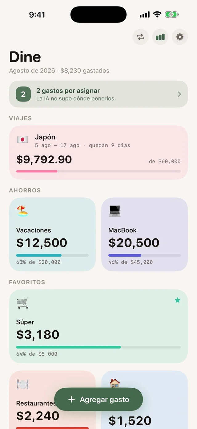 Dine’s overview of trips, savings goals, and budgets