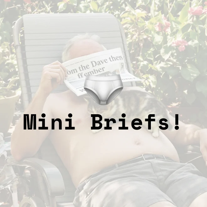 Original Mini Briefs artwork: a newspaper reader, a cat, and the Mini Briefs title